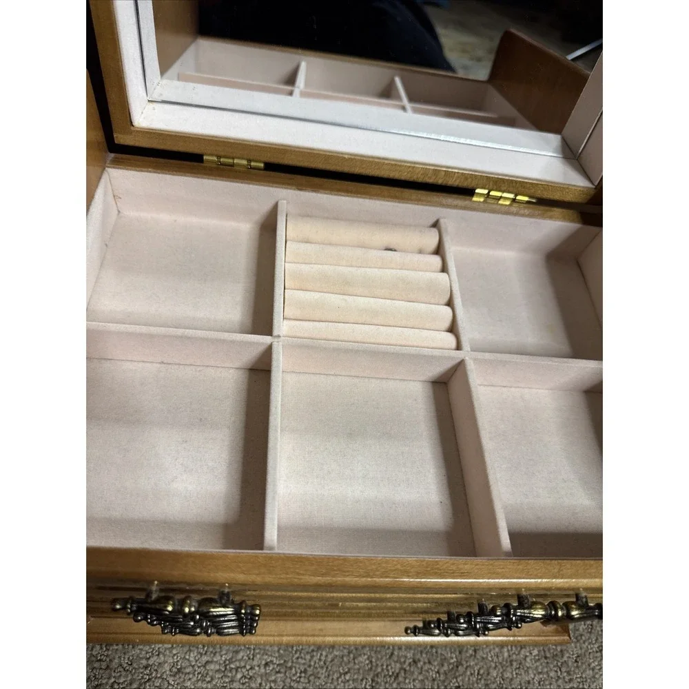 Vintage Wood Jewelry Armoire Chest Box Mirrored Lift  Maple Color
